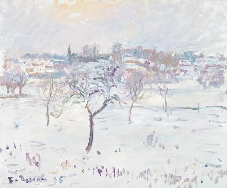 Snowy landscape at Eragny with an apple tree, by Camille Pissarro, oil, 1898