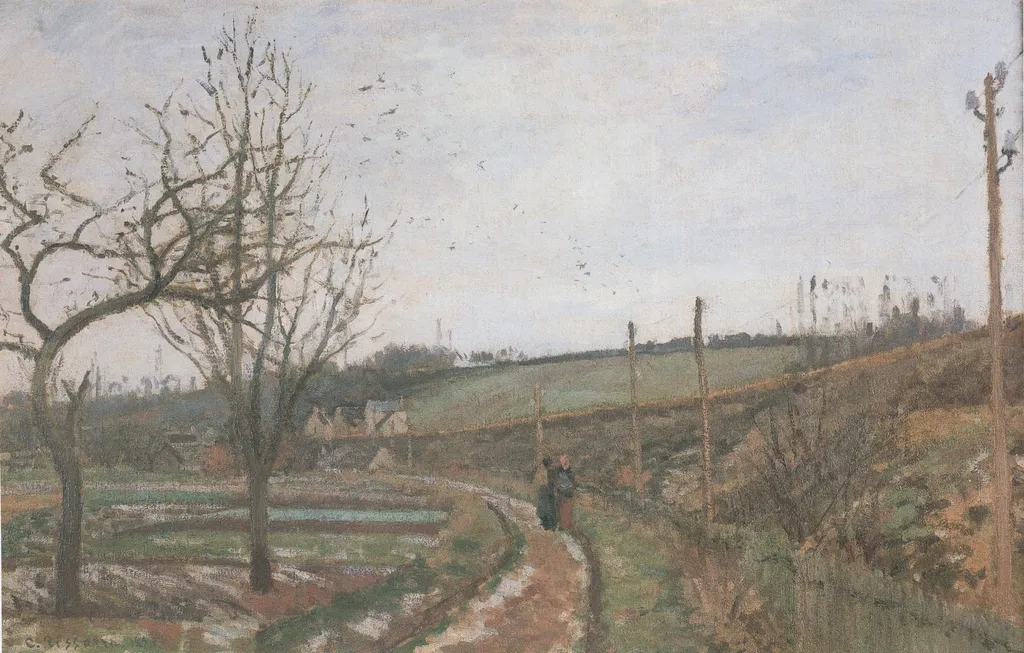 The Road near the Railway, Effect of Snow, Osny, by Camille Pissarro, oil, 1873