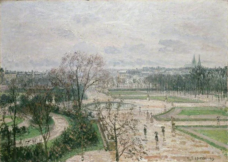 The Tuileries Gardens, Rainy Weather, by Camille Pissarro, oil, 1900