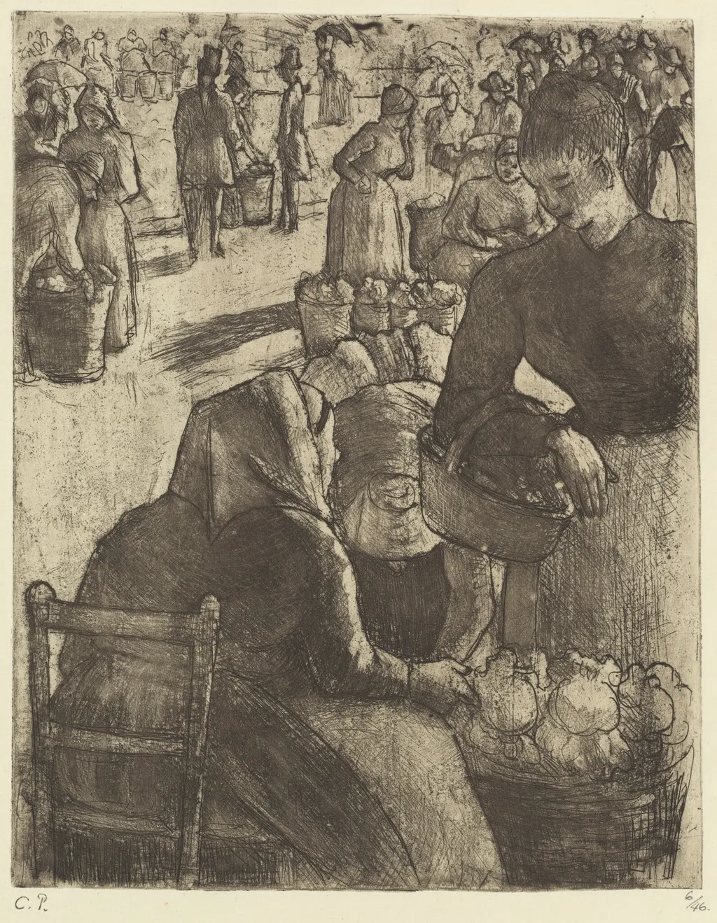 Vegetable Market at Pontoise (Marché aux légumes á Pontoise), by Camille Pissarro, ink, 1891