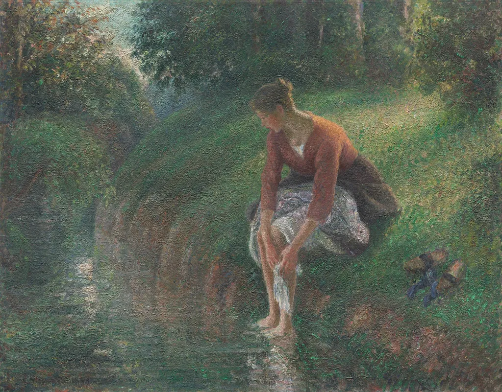 Woman Bathing Her Feet in a Brook, by Camille Pissarro, oil, 1895