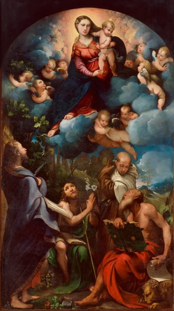 Virgin and Child in Glory with St. Bartholomew, St. John the Baptist, St. Albert and St. Jerome, by Camillo Boccaccino