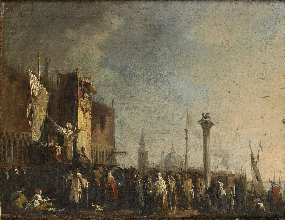 A Puppet Show on the Piazzetta, Venice, by Canaletto, oil, 1737