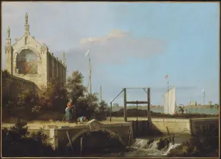 Capriccio: A Sluice on a River with a Chapel, by Canaletto, 1754