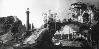 Capriccio: Ruined Bridge with Figures, by Canaletto, 1737