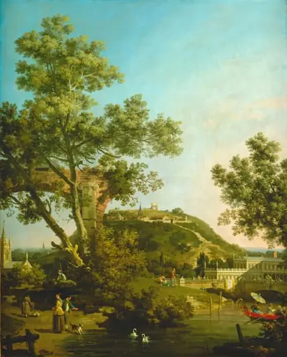 English Landscape Capriccio with a Palace, by Canaletto
