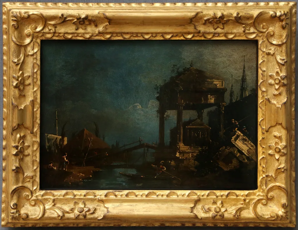 Fantasy Landscape with Sarcophagus under a Canopy, by Canaletto, oil, 1751