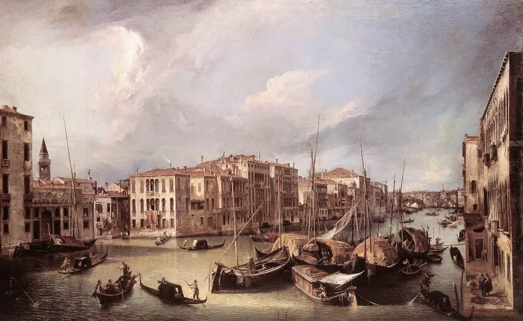 Grand Canal: Looking North-East toward the Rialto Bridge, by Canaletto, oil, 1724