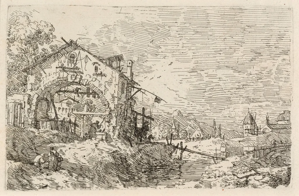 Landscape with a Woman at a Well, by Canaletto, ink, 1740