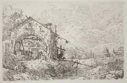 Landscape with a Woman at a Well [lower left], by Canaletto
