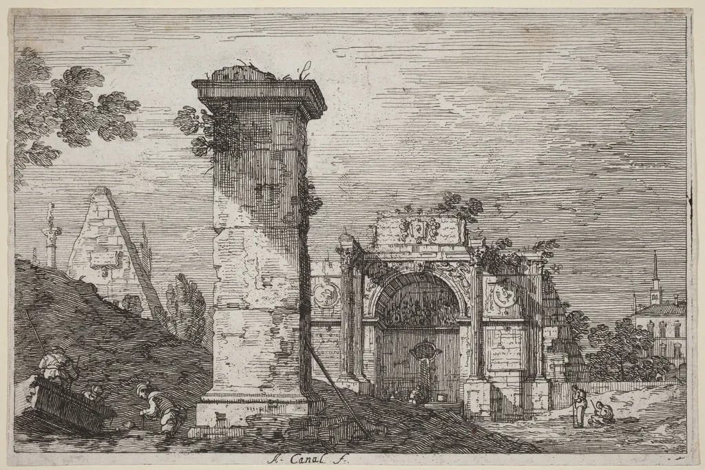 Landscape with Ruined Monuments, by Canaletto, ink, 1740