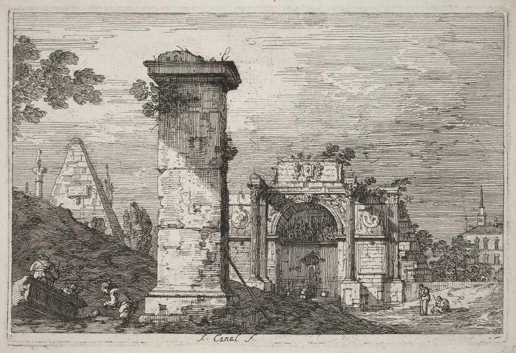 Landscape with Ruined Monuments, by Canaletto, ink, 1740