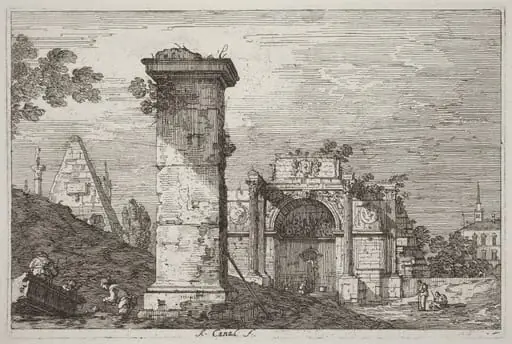 Landscape with Ruined Monuments [right], by Canaletto