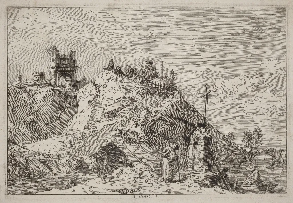 Landscape with the Pilgrim at Prayer, by Canaletto, ink, 1740