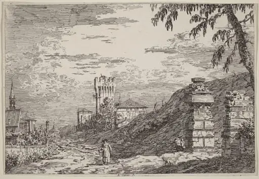 Landscape with Tower and Two Ruined Pillars, by Canaletto