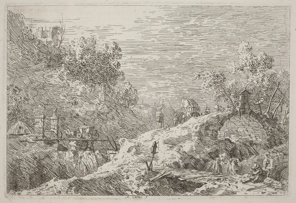 Mountain Landscape with Five Bridges, by Canaletto, ink, 1740