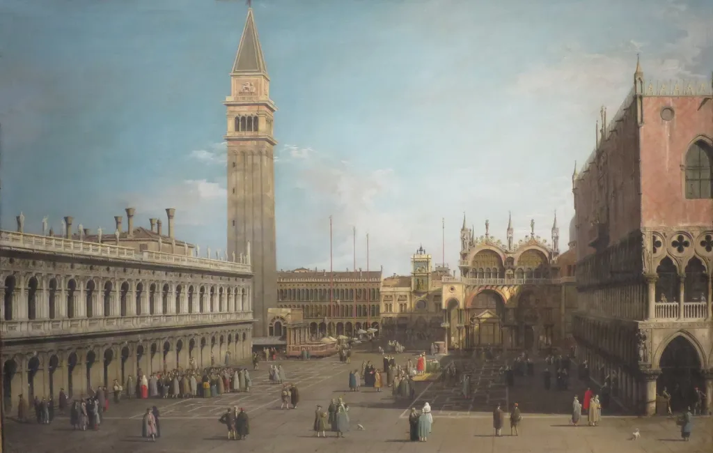 The Piazzetta, Venice, Looking North, by Canaletto, oil, 1730