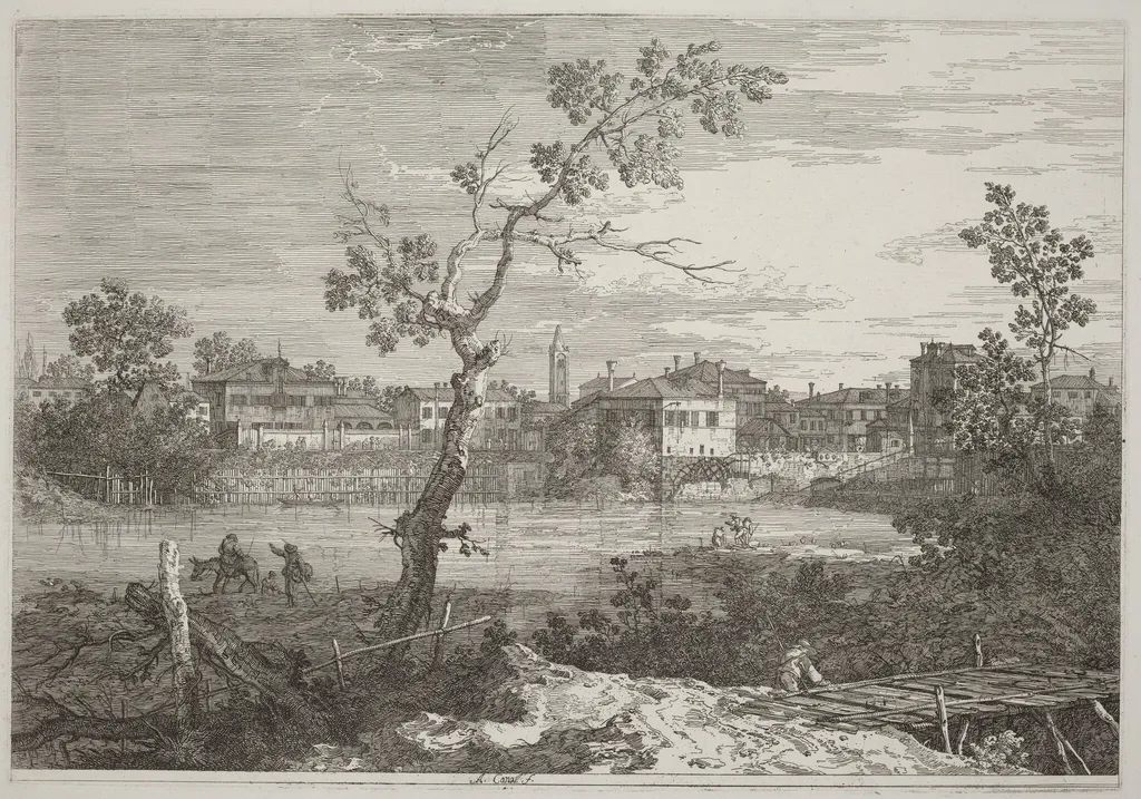 View of a Town on a River Bank, by Canaletto, ink, 1740