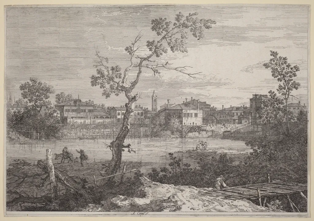 View of a Town on a River Bank, by Canaletto, ink, 1740