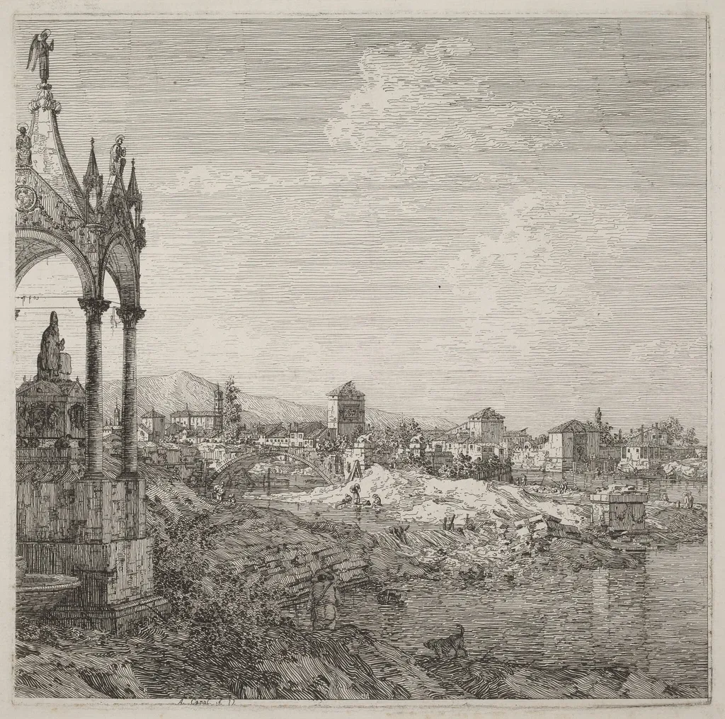 View of a Town with a Bishop's Tomb, by Canaletto, ink, 1740