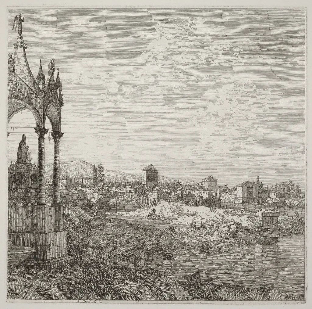 View of a Town with a Bishop's Tomb, by Canaletto, ink, 1740