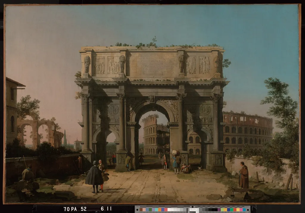 View of the Arch of Constantine with the Colosseum, by Canaletto, oil, 1742
