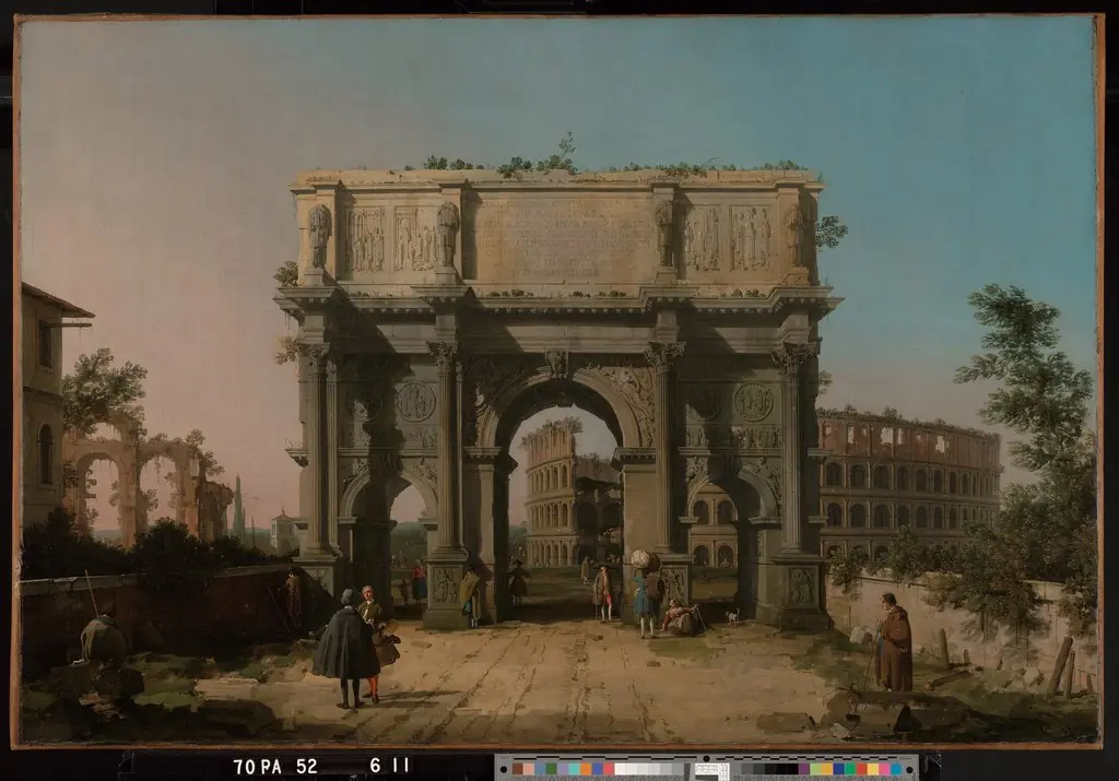 View of the Arch of Constantine with the Colosseum, by Canaletto