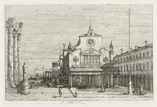 Views: Three Columns and a Statue on the Sea Coast, by Canaletto