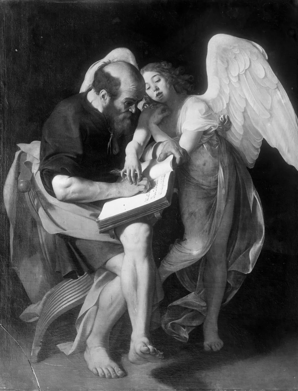 Saint Matthew and the Angel, by Caravaggio, oil, 1602