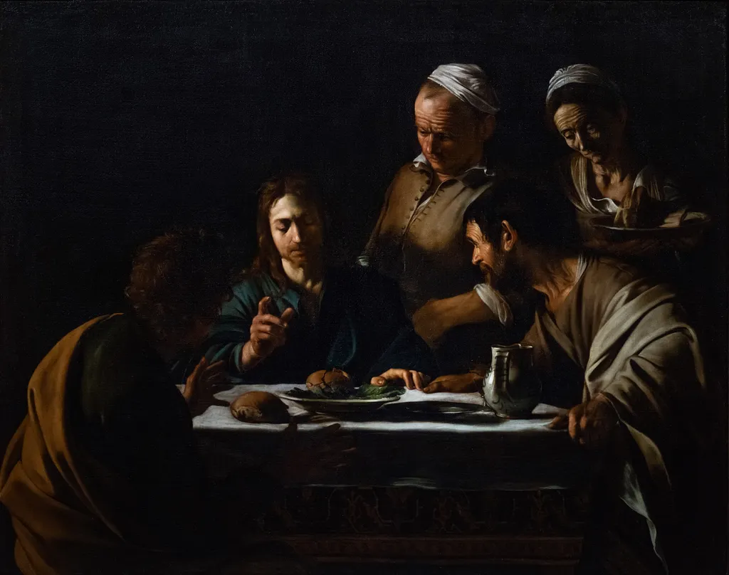 Supper at Emmaus, by Caravaggio, oil, 1606