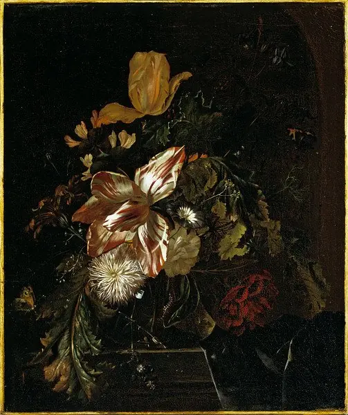 Flowers on a stone ledge, by Carel Borchaert Voet