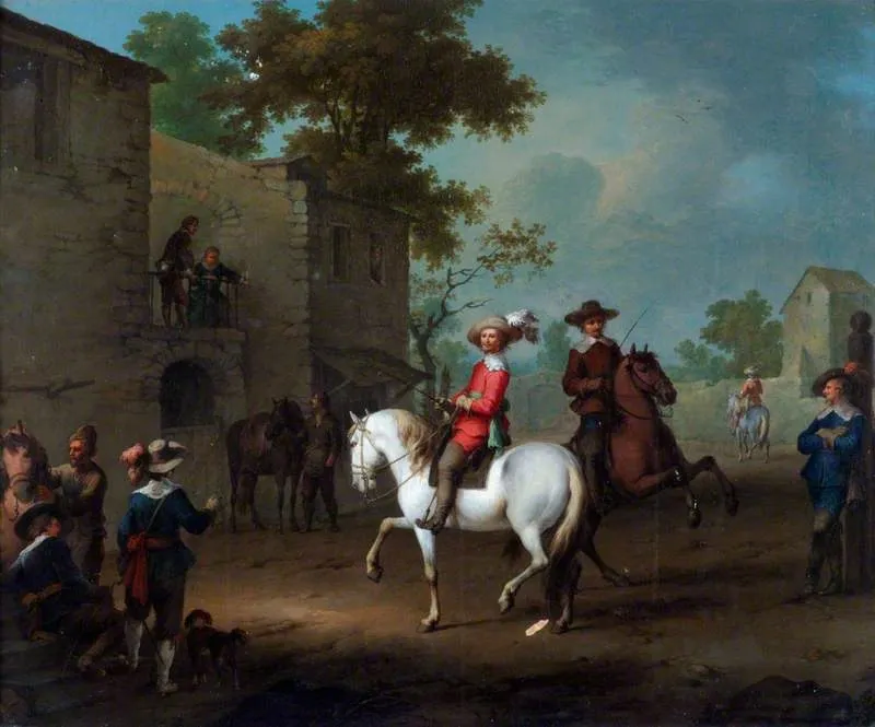 A Riding Lesson, by Carel van Falens, oil, 1718