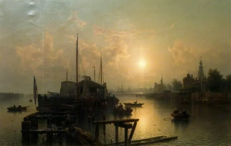 River with Boats and Shipping, by Carl Adloff