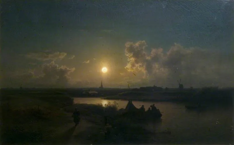 River with Moonlight Effect, by Carl Adloff, oil, 1859