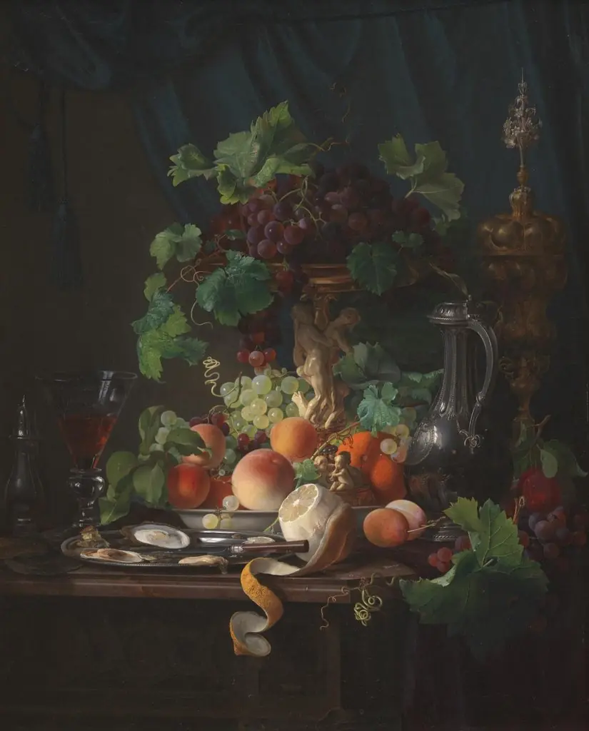Opstilling med vinglas, østers, citron og andre frugter, by Carl Balsgaard
