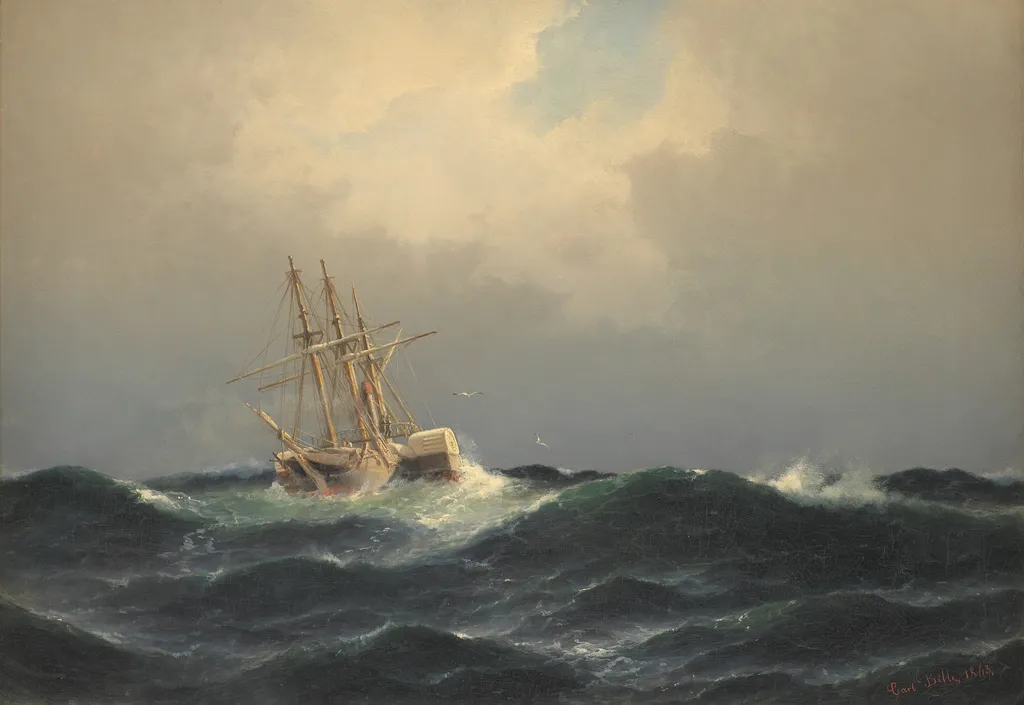 A steamship in a storm in the Atlantic, by Carl Bille, oil, 1863