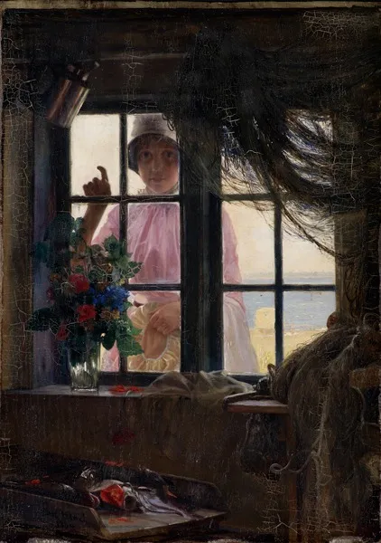 After the Bath. A Young Girl Knocking at the Fisherman's Window, by Carl Bloch, oil