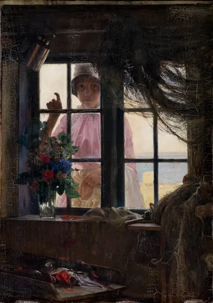 After the Bath. A Young Girl Knocking at the Fisherman's Window, by Carl Bloch