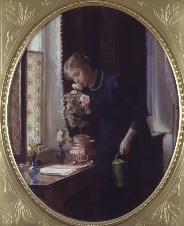 En ung pige, der lugter til en rose, by Carl Bloch, unspecified