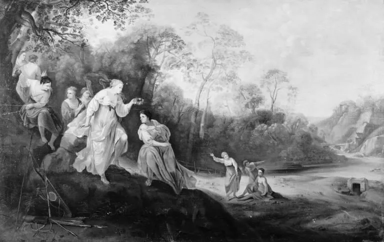 Diana med sit følge i et landskab, by Carl Christian Gottlieb, unspecified, 1722