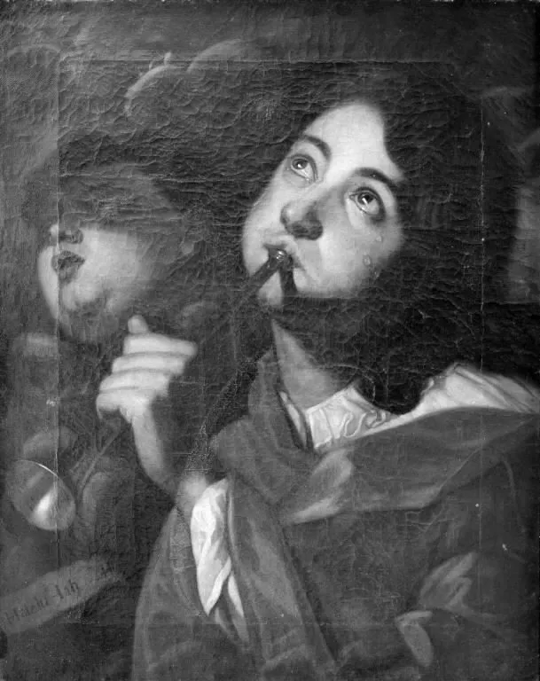 Trompetblæsende engel, i baggrunden keruber, by Carl Christian Gottlieb, oil, 1722