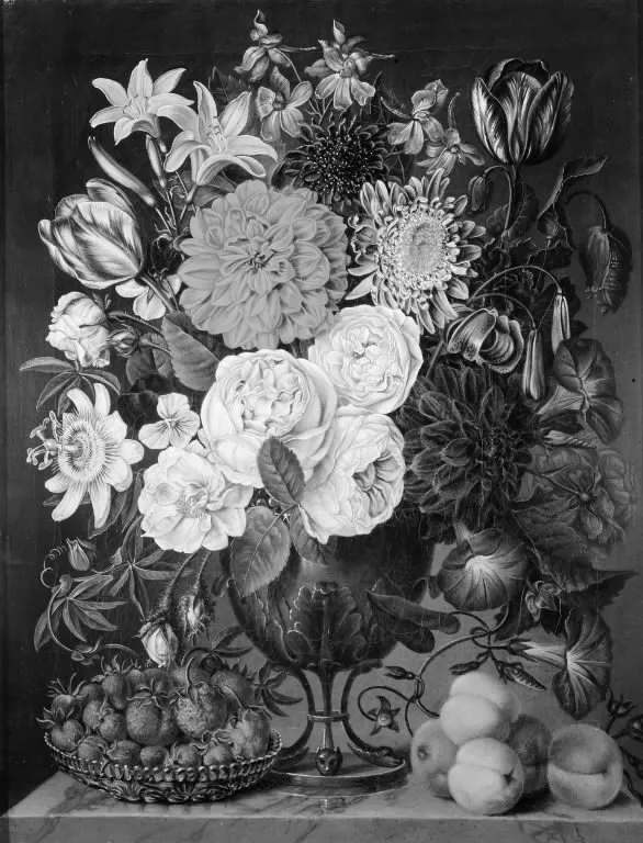 Blomster i en trefodet vase og en skål med jordbær, by Carl Christian Seydewitz, oil, 1838
