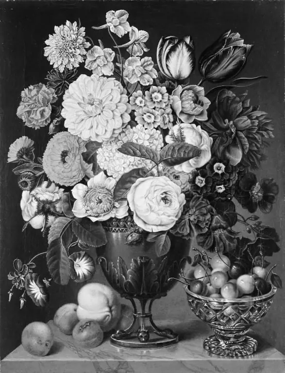 Blomster i en trefodet vase og en skål med kirsebær, by Carl Christian Seydewitz