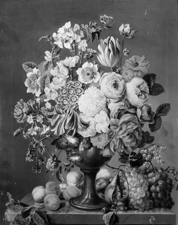 Blomster i en vase omgivet af frugter, by Carl Christian Seydewitz, oil, 1814