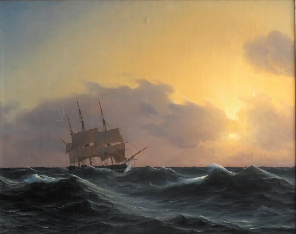 Fregat i en storm med rebede undersejl, by Carl Dahl