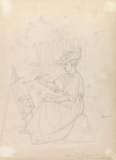 Helmi Sjöstrand maalaamassa taulua ulkona, by Carl Eneas Sjöstrand
