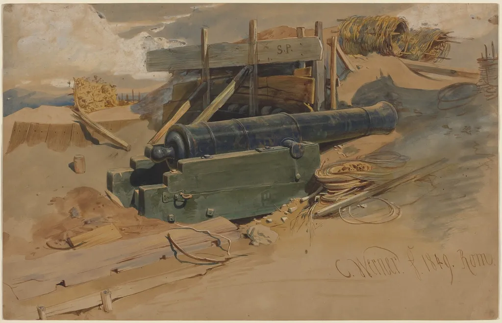 Cannon by a Bulwark, by Carl Friedrich Heinrich Werner, gouache, 1849