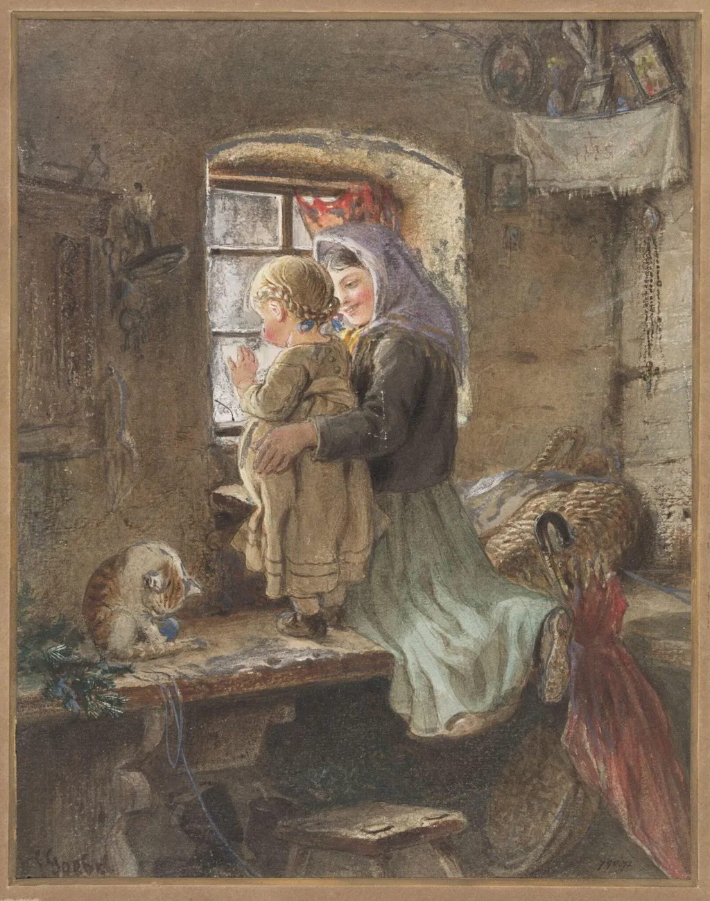 Young peasant girl and child at a window, by Carl Goebel, 1850