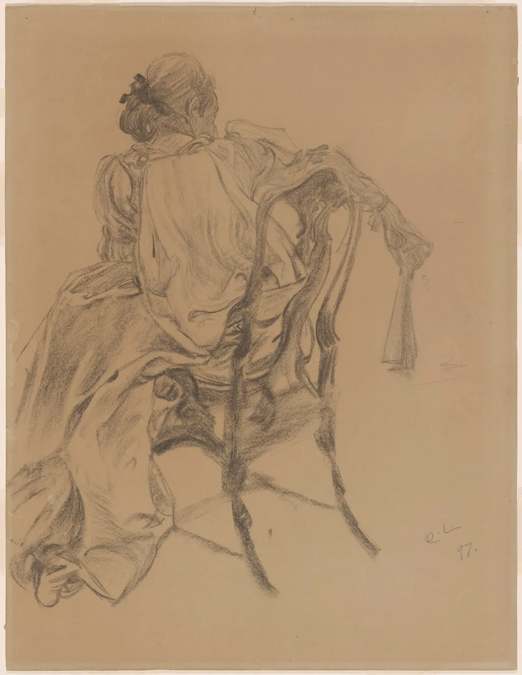 An Elegant Lady of the Eighteenth Century Holding a Fan, by Carl Larsson, charcoal, 1897