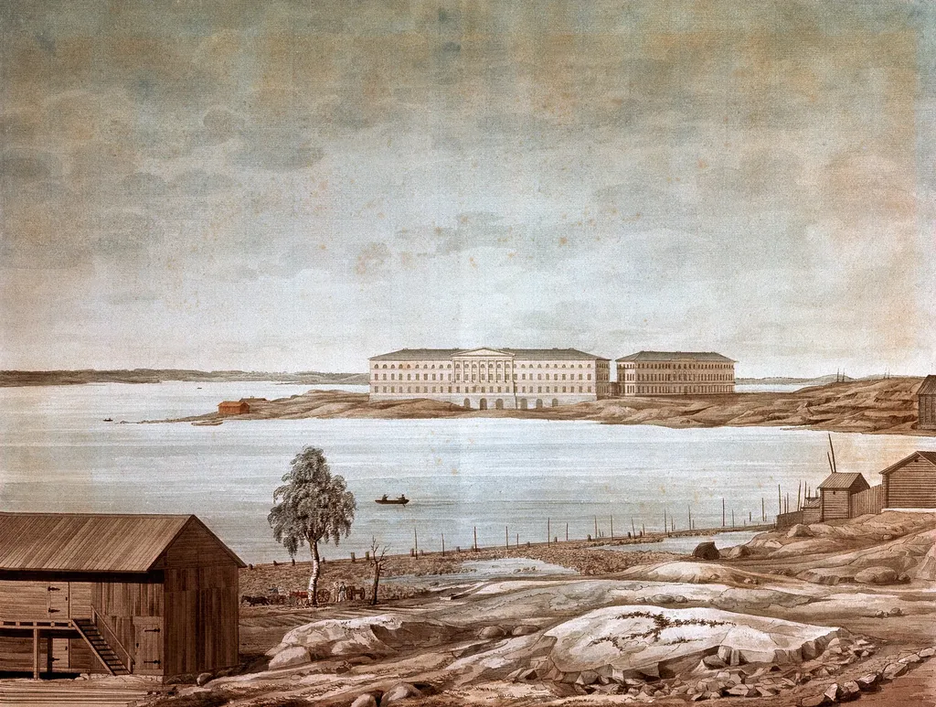 Meriväen kasarmi Katajanokalla Pohjoissatamasta nähtynä, by Carl Ludvig Engel, 1819